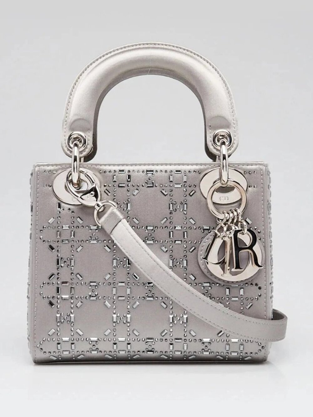 Christian Dior Dark Grey Satin and Crystal Mini Lady Dior Bag